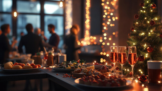 Christmas holiday party with people gathered around a decorated table with festive snacks, drinks, and Christmas tree
