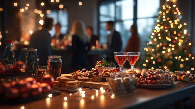Christmas holiday party with people gathered around a decorated table with festive snacks, drinks, and Christmas tree