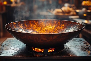 A steaming hot wok sits over a fiery stove, ready for cooking.