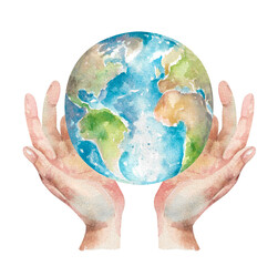 Flying Planet Earth in human hands painted watercolor illustration isolated on white background
