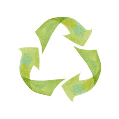 Obraz premium Green transparent arrows in shape of triangle. Grune Punkt recycling symbol watercolor illustration