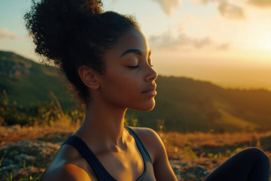 A woman meditating outdoors on a mountain top, surrounded by nature, wearing simple yoga attire, gentle wind blowing, distant sunrise casting warm light, calm and serene facial expression, close-up