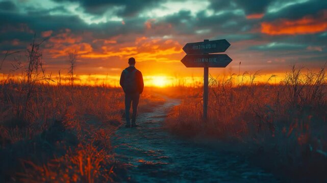Lone traveler at crossroads signpost during dramatic sunset, Atmospheric journey decision concept with golden sky