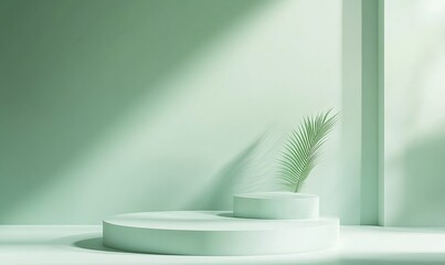 Minimalist product display with a single palm leaf on a green platform.