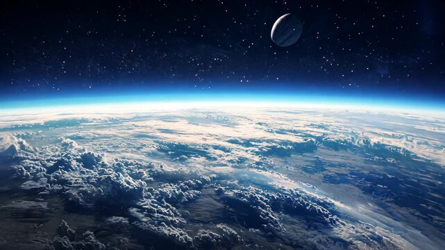A view of Earth from space, showcasing the curvature of the planet and a sliver of the moon in the night sky