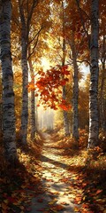 A serene autumn path bordered by birch trees, their white bark contrasting beautifully with vibrant red and orange leaves, inviting a peaceful stroll through nature's artistry.