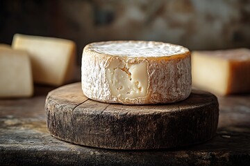 A wheel of soft cheese on a rustic wooden board.