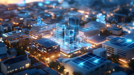 3D render of eco friendly urban neighborhood with modern buildings, solar panels, and vibrant