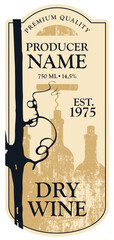 Fototapeta premium Vector wine label with grapevine, grape leaf and bottles with corkscrew and calligraphic inscription in retro style in figured frame.