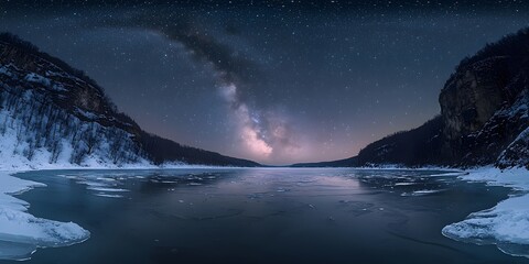 Naklejka premium A stunning night scene of a frozen lake surrounded by snow-covered cliffs, illuminated by a vibrant Milky Way, creating a serene and magical winter landscape.