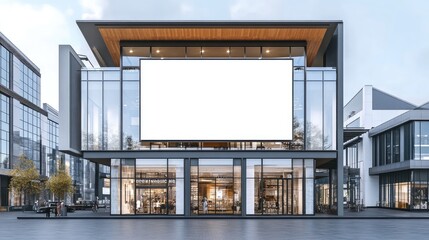 Obraz premium Blank banner on shopping mall facade with glass accents, perfect for brand messages or promotions, framed by chic architecture.