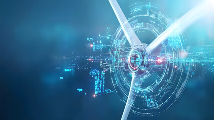 digital illustration of wind turbine with futuristic technology elements