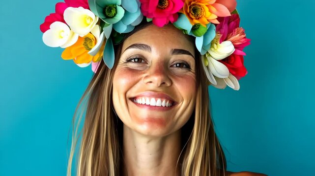 A woman with long brown hair smiles brightly while wearing a colorful flower crown