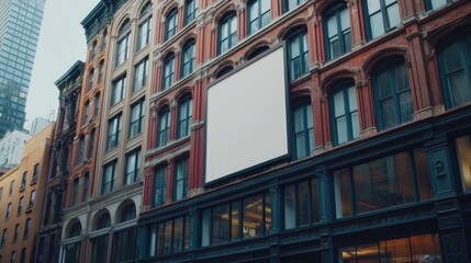 Fototapeta premium Blank banner on the side of a classic building, ready for advertisement or text customization. Historic architecture offers elegance.