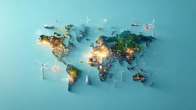 Global map illustration showcasing renewable energy sources and cities