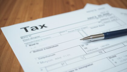 Tax forms and pen on wooden desk, ready for filling out personal financial information 