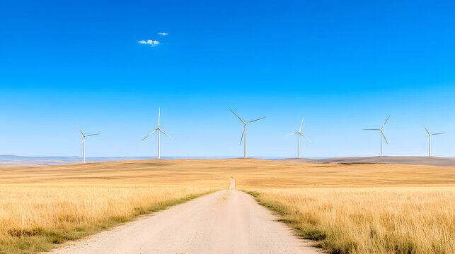 High resolution image of wind turbines on rural road under blue sky