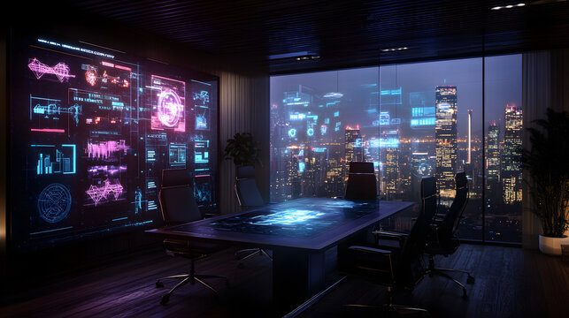 High tech conference room with holographic displays and city view