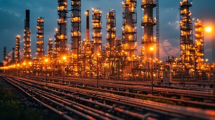 Illuminated Industrial Oil Refinery at Dusk with Glowing Towers and Complex Piping System