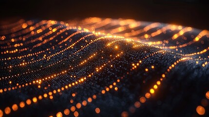 Abstract Glowing Dots and Waves: Futuristic Background of Orange and Black Digital Landscape