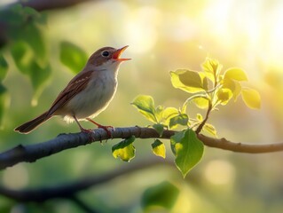 Small bird perched on branch, highlighting song, wildlife, and natural environment, close-up view