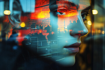 A close-up of a woman's face reflecting city lights, blending emotions and urban scenery with a captivating, mysterious mood.