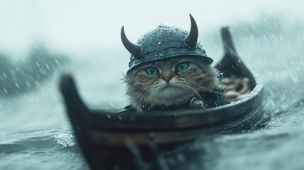 Obraz premium A fluffy cat wearing a Viking helmet navigates stormy waters in a small wooden boat during a rain-soaked adventure