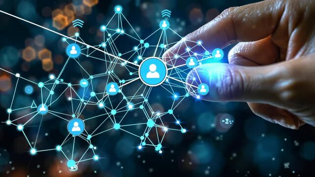 A hand reaches out to interact with a dynamic digital network filled with interconnected icons representing users, symbolizing modern communication