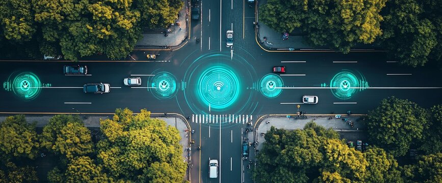 An aerial view of a city intersection with cars driving through it.  There are digital interface icons on the roads representing smart city technology.