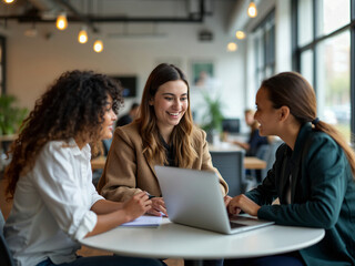 Smiling businesswomen collaborating on project using laptop in modern office
