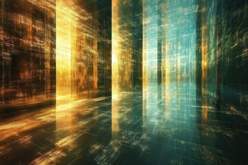 Abstract digital environment with glowing pillars reflecting light in a futuristic space