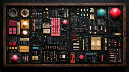 Retro-Futuristic Control Panel with Vintage Buttons and Dials in Wooden Frame