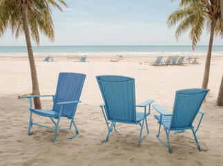 Three blue beach chairs under palm trees facing a calm ocean on a sunny day.