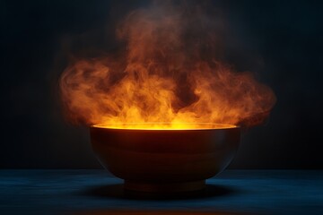 A wooden bowl releasing warm, inviting steam in a dimly lit setting.
