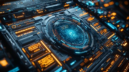 Futuristic Digital Interface with Circuit Board Elements and Neon Lights