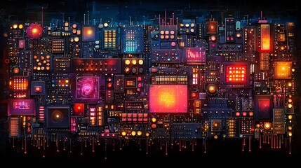 Futuristic Neon Circuit Board Art - Vibrant Digital Technology Illustration