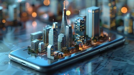 Mobile Phone with City Buildings on the Screen, 3D Rendering