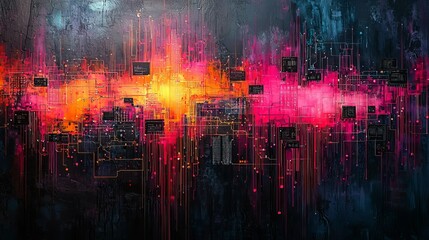 Futuristic Digital Art with Vibrant Colors and Circuit Patterns in Abstract Technology Concept