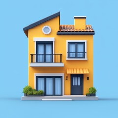 Fototapeta premium Vibrant Mediterranean-style Townhouse on a Bright Blue Background