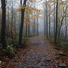 Obraz premium A serene autumn forest path surrounded by tall trees with yellow and orange leaves, enveloped in mist, creating a calm and mysterious atmosphere.