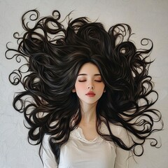 photo realistic girl with thick wavy hair laying down on a solid white floor with her hair spread out,generative ai