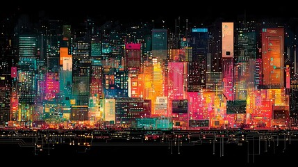 Futuristic Digital Cityscape with Vibrant Neon Skyscrapers and Technological Vibes