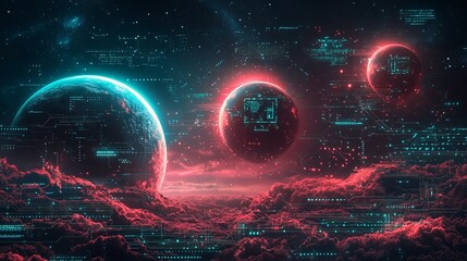 Futuristic Digital Space Landscape with Planets and Data Overlays