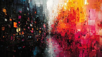 Abstract Digital Cityscape Reflecting Vibrant Colors and Urban Energy in a Pixelated Art Style