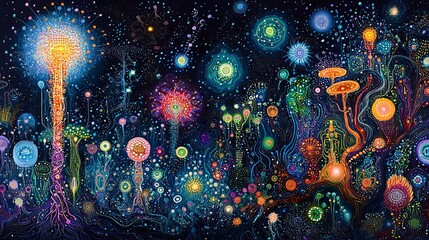 Vibrant Cosmic Landscape: Abstract Neon Microorganisms and Ethereal Galactic Patterns Illuminate the Night Sky