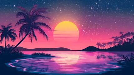 Pink sunset, pink sky with stars, beach scene with palm trees and water, vaporwave aesthetic