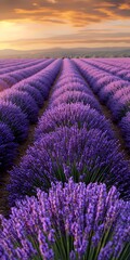 Obraz premium A breathtaking view of a vast lavender field at sunset, showcasing vibrant purple flowers in neat rows, creating a serene and tranquil atmosphere.