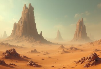 Naklejka premium Majestic sandstone monoliths rise above the desert floor at dawn, casting long shadows in a serene, arid landscape