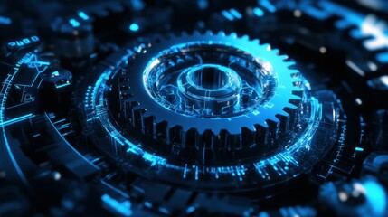 futuristic technology, digital gear, cybernetic design, abstract background, blue tones, high tech elements