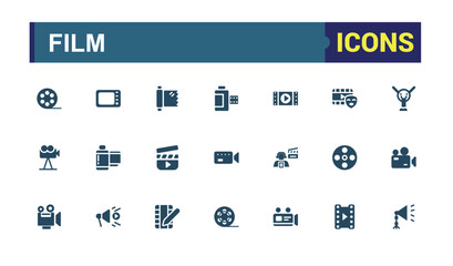 Set of vector filled icons for film. Sign and symbols in flat design cinema and movies with elements for mobile concepts and web apps. Collection modern infographic logo and pictogram.